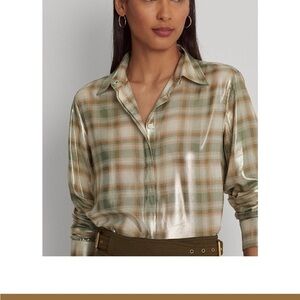 Ralph Lauren Women’s Shadow Plaid  Metallic Georgette Button-Down Shirt